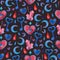 Seamless pattern with hand-drawn watercolor elements. Print with hearts  keys  crystals and other watercolor elements.