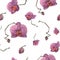 Seamless pattern of hand drawn watercolor purple orchids on the white background.