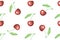 Seamless pattern from hand drawn watercolor sweet red cherry on stem with green leaf on white. Creative backdrop allover print for