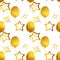Seamless pattern with hand-painted golden pearly balloons and stars on white background