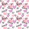 Seamless pattern with hand painted hearts, kisses and words; love, kiss, xoxo.