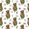 Seamless pattern with hand-painted soft plush teddy bears and cotton flowers