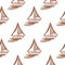 Seamless pattern with hand-painted by watercolor paints brown boat with sail, floating in the sea.