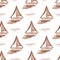 Seamless pattern with hand-painted by watercolor paints brown boat with sail and waves, floating in the sea.