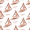 Seamless pattern with hand-painted by watercolor paints brown boat with sail and waves, floating in the sea.