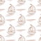 Seamless pattern with hand-painted by watercolor paints brown ship with sail, floating in the sea with waves.