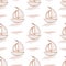 Seamless pattern with hand-painted by watercolor paints brown ship with sail, floating in the sea with waves.