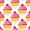 Seamless pattern with hand painted watercolor sweet cupcake and cherry. Vector background with pink colorful cakes. Print, package