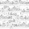 Seamless pattern with hand town design. Black and white ink background with Hand drawn houses and trees.