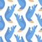 Seamless pattern hands in protective blue gloves. Latex gloves as a symbol protection against viruses and bacteria. professional