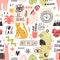 Seamless pattern with handwritten slogans and animals, plants, symbols hand drawn in trendy doodle style. Creative