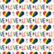 Seamless pattern handwritten word LOVE and hearts LGBT rainbow colors flag on white background isolated close up, LGBTQ ornament
