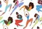 Seamless pattern of happy african sports girl jumping and exercises. Body positivity, confidence and self acceptance.