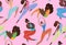 Seamless pattern of happy african sports girl jumping and exercises on pink background. Body positivity, confidence