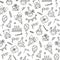 Seamless pattern with Happy Birthday doodles. Sketch of party decoration, funny smily children face, gift box and cute