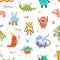 Seamless pattern with happy fantastic monsters, cute fairytale creatures, strange aliens, mutants on white background