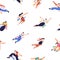 Seamless pattern with happy flying people. Repeating background with free active young men and women. Endless texture
