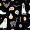 Seamless pattern of happy Halloween on a black background. Watercolor hand-painted cartoon elements