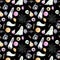 Seamless pattern of happy Halloween on a black background. Watercolor hand-painted cartoon elements Portrait of a witch