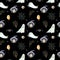 Seamless pattern of happy Halloween on a black background. Watercolor hand-painted cartoon elements Portrait of a witch Ghost eye