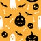 Seamless pattern happy halloween pumpkin bat spider cross skull ghost vector illustration