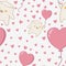 Seamless pattern with happy marshmallow taking off on a balloon in the shape of a heart. Kawaii marshmallow characters