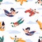 Seamless pattern with happy people skydiving in sky. Repeatable texture of free fall on white background for printing