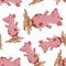 Seamless pattern happy piggy drawn watercolor lies in a dirty pu