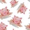 Seamless pattern happy piggy drawn watercolor lies in a dirty pu