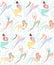 Seamless pattern of happy various sports girl jumping, exercises on plants and hearts background. Body positivity, confidence and