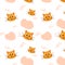 Seamless pattern. Head of orange baby cat. Cute ginger cat character in cartoon style. Vector illustration 8 eps