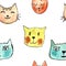 Seamless pattern with Heads of a cute Cats. Watercolor child pattern. Funny Cats isolated characters