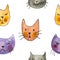 Seamless pattern with Heads of a funny Cats. Watercolor child pattern.