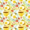 Seamless pattern healthy Breakfast in the morning - eggs, avocado, tomato, cucumber, sandwich, coffee. Good morning food in summer