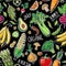 Seamless pattern with healthy vegan organic food such as vegetables, fruits, mushrooms, cereals