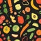 Seamless pattern with healthy vegetarian food. Backdrop with fresh tasty ripe fruits and vegetables on black background