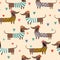 Seamless pattern with hearts , dachshunds in clothes and dog prints