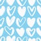 Seamless pattern with hearts hand drawn with rough white contour lines on blue background. Valentine`s day backdrop with