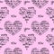 A seamless pattern of hearts with inscriptions about love in three languages: English, German and French.