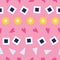 Seamless pattern of hearts, squares, bubbles and triangles on a pink background.