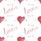 A seamless pattern with hearts and the word love and arrows.