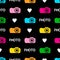 Seamless pattern with hearts, words photo, colorful cameras on t