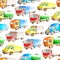Seamless pattern heavy transport of watercolor trucks and lorries on a white background isolated for textile or fabric or wrapper