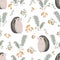 Seamless pattern with hedgehog, fern, mushrooms, tree branches and berries