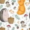 Seamless pattern with hedgehog, fox, basket, mushrooms, cones and spruce.