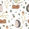 Seamless pattern with hedgehog, teddy bear, oak and acorn and tree branches. Cute cartoon characters.
