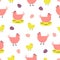 Seamless pattern with hens, chickens and eggs. Cutout colorful elements on white background.