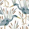 Seamless pattern with heron bird and bulrush. Swamp flora and fauna