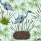 Seamless pattern with heron bird, nest and swamp plants. Marsh flora and fauna.