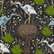 Seamless pattern with heron bird, old tree, nest and swamp plants. Marsh flora and fauna.